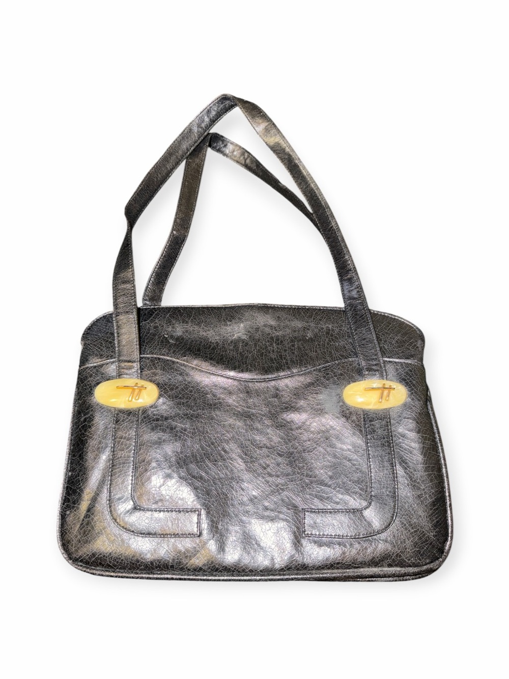 Vintage 1960s Black Faux Lucite Accent Double Handle Kisslock Satchel Bag